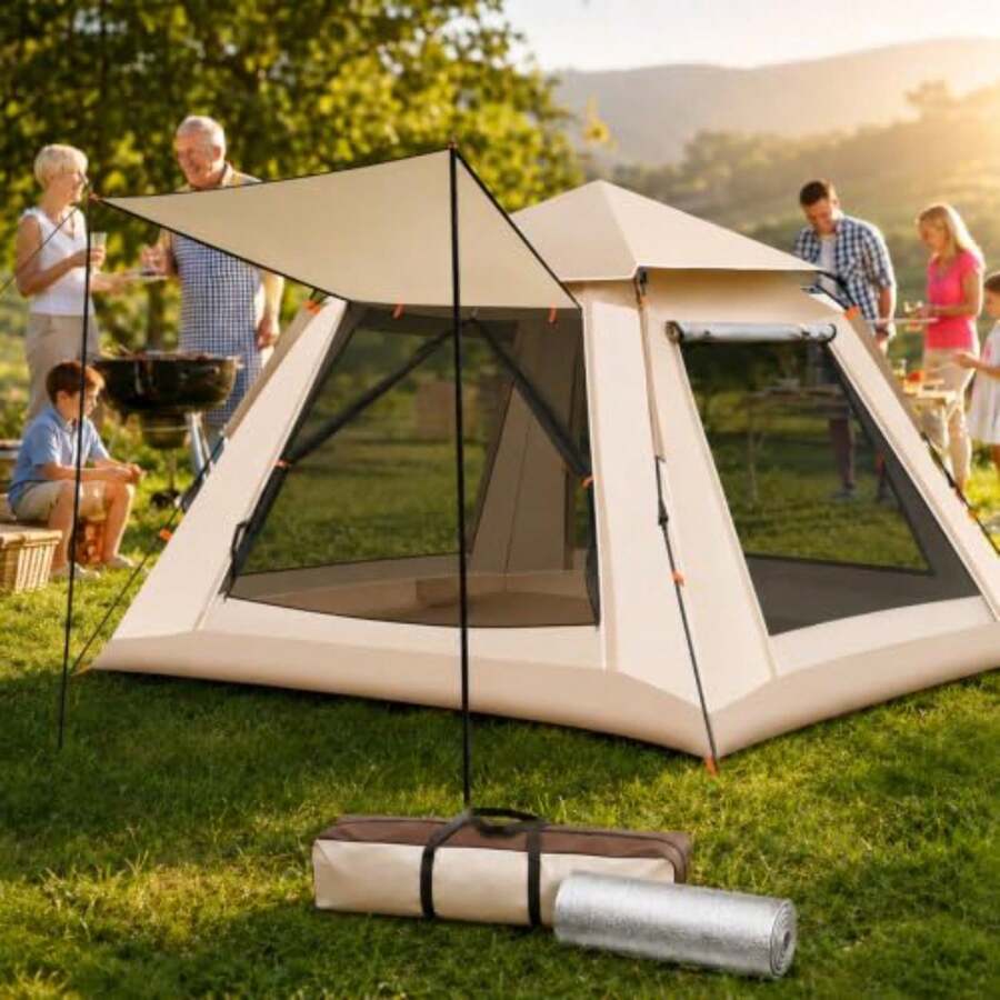Casa de Campaña, 4~5 Personas tienda de campaña impermeable, camping tent Portátil, con Almohadas inflables, colchonetas y tapetes para picnic, Adecuado para picnics/montañas/playa/parque Grande - Beis - Ver 1