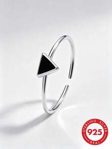 1pc 925 Sterling Silver Black Enamel Adjustable Triangle Ring, Delicate Geometric Stackable Design, Hypoallergenic Minimalist Style Jewelry, Perfect Gift For Women - Silver - View 1