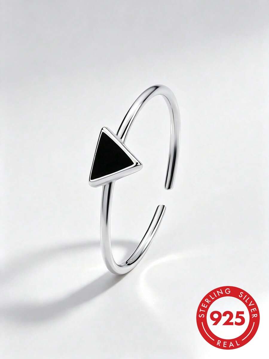 1pc 925 Sterling Silver Black Enamel Adjustable Triangle Ring, Delicate Geometric Stackable Design, Hypoallergenic Minimalist Style Jewelry, Perfect Gift For Women - Silver - View 1