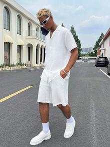 Men's Solid Color Single-Breasted Short Sleeve Shirt And Pocket Shorts Set - White - View 4
