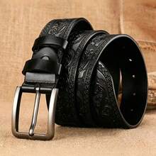 Vintage Men's Belt With Embossed Design And Alloy Buckle, Practical And High-Quality - Black - View 6