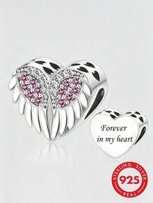 1件 S925 純銀心形天使之翼珠子，粉色與白色鋯石鏤空雕刻「Forever In My Heart」紀念 DIY 手鍊銀珠 - 銀色 - 查看 1