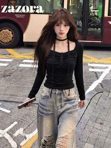 Korean Style Minimalist Sexy Slimming Versatile Lace Long Sleeve T-Shirt Base Layer Top For Women - Black - View 1