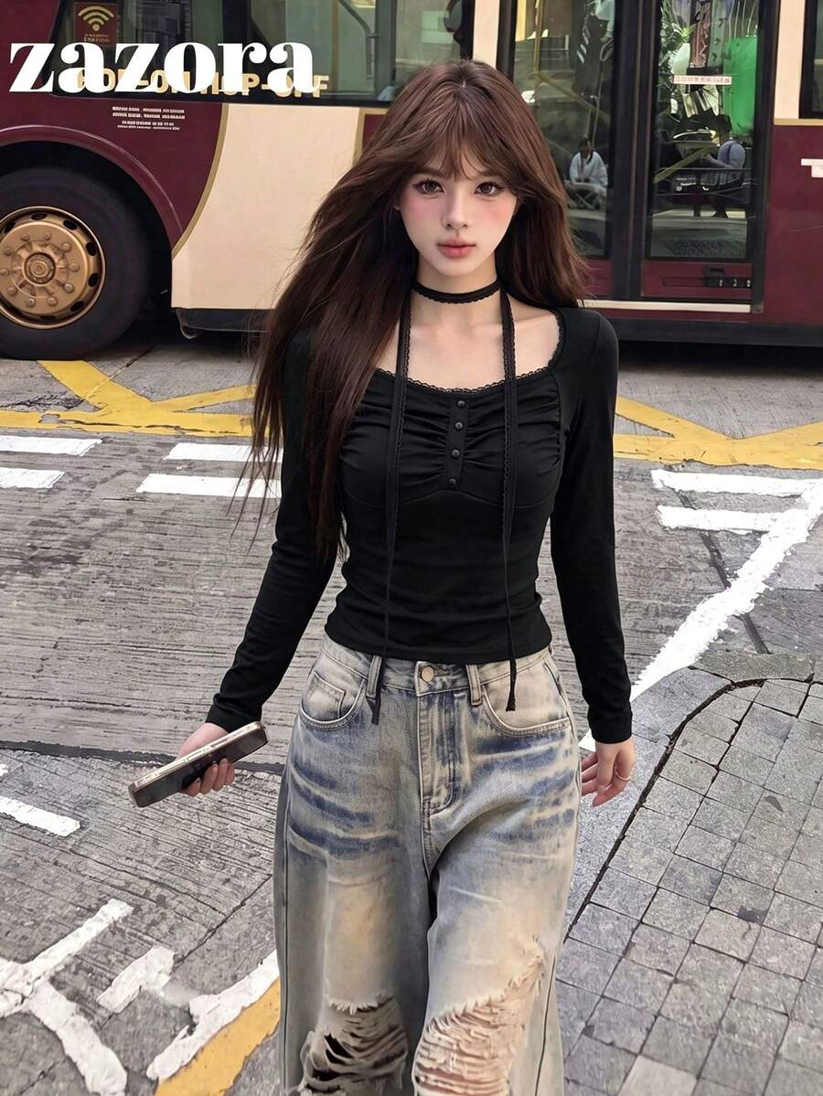 Korean Style Minimalist Sexy Slimming Versatile Lace Long Sleeve T-Shirt Base Layer Top For Women - Black - View 1