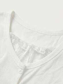 Women's Lace Patchwork Casual Versatile Daily Wear Short Sleeve T-Shirt White Summer - White - View 5