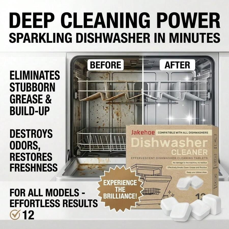 12Pcs Dishwasher Degreaser Tablets, Powerful Oil & Grease Stain Remover, Fast Dissolving Cleaning Blocks, Easy To Use Daily Dish Care - Multiple Forms - View 1