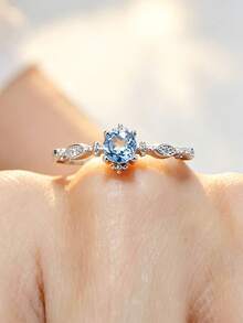 1 Piece S925 Sterling Silver Ring With Aquamarine, Elegant Gemstone Jewelry For Women, Ideal For Proposal, Engagement - Silver - View 3