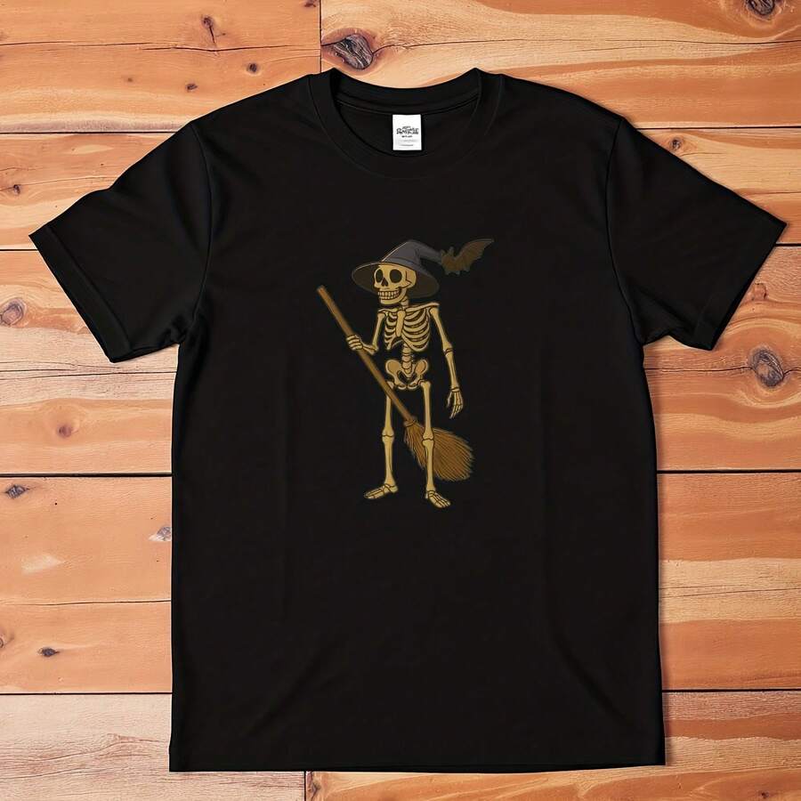 Skeleton Witch T-Shirt Halloween Skeleton With Broom & Bat Graphic Tee - 款式 - 查看 1