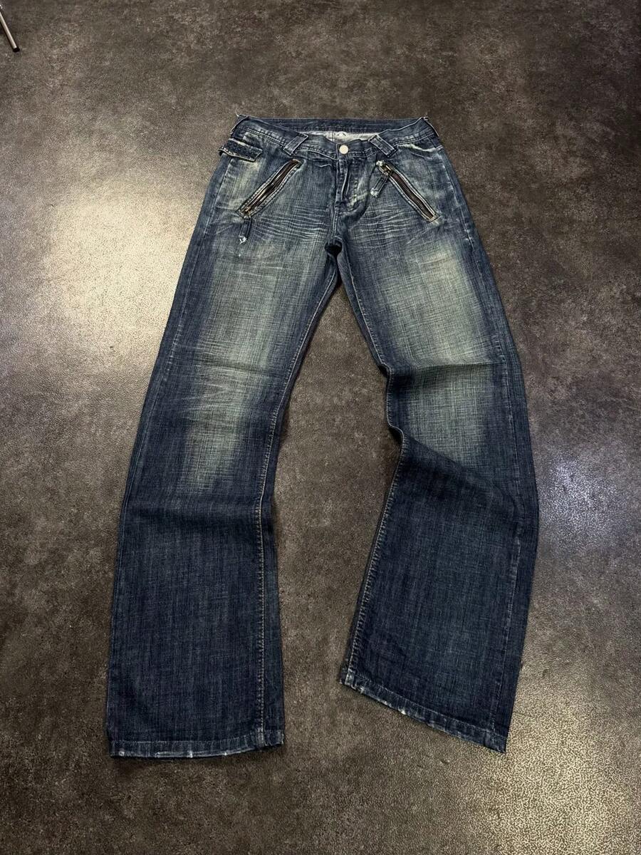 Men's Vintage Washed Flare Leg Jeans, Zipper Pockets And Multi-Pocket Details, Y2K Casual Streetwear Style - Dusty Blue - View 1