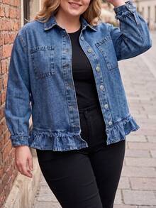 Women's Plus Size Traceable Cotton Ruffle Trim Elegant Denim Jacket Coat Autumn Top Casual - Blue - View 4