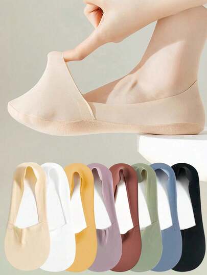 1/3/5/10/16 Pairs Women's Summer Thin Breathable Invisible Ice Silk Socks, Silicone Anti-Slip Bottom Sweat-Absorbing Boat Socks, Casual Short Socks