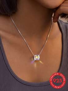 CROSSDEER 1pc Fashionable S925 Silver Cube Crystal Effect Necklace, Elegant Charm Personalized Clavicle Chain, Suitable For Summer, Daily, Party Wear, Gift For Girlfriend, Festival - Silver - View 1