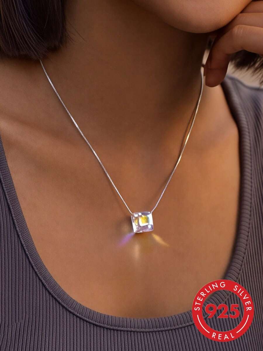 CROSSDEER 1pc Fashionable S925 Silver Cube Crystal Effect Necklace, Elegant Charm Personalized Clavicle Chain, Suitable For Summer, Daily, Party Wear, Gift For Girlfriend, Festival - Silver - View 1