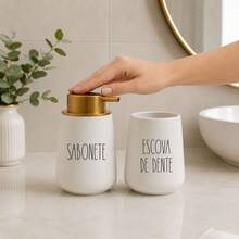 Kit para Banheiro Dispenser e Porta Escova de Dente em cerâmica com Escrita Minimalista - Visão 4