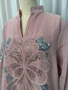 Sequin Embroidered Abaya Robe, Stand Collar Long Sleeve Modest Kaftan, Dubai Luxury Ramadan Evening Gown, Suitable For Eid, Ramadan, Wedding Party - Pink - View 8