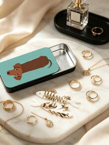 Mini Jewelry Storage Box With Fishbone Divider, Snap Closure Portable Jewelry Box, Inverted Dachshund Metal Matchbox, Easy To Carry Vintage Design, Multi-Functional Decorative Storage Box, Partitioned Storage For Earrings, Rings, Necklaces, Suitable For Commuting, Short Trips, Dorm Desk, Vanity Organization, Ideal For Delicate Girls, Students, Jewelry Lovers - Multicolor - View 2