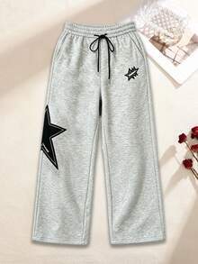 Women's Star Patchwork Drawstring Sweatpants, Spring Casual Jogging Pants, Loose Fit, Running Fitness Multi-Purpose Long Pants - Grey - View 5