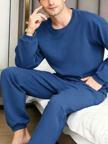 2PCS Men's Spring/Autumn Thin Long Sleeve Long Pants Casual Lazy Minimalist Pajamas - Blue - View 4