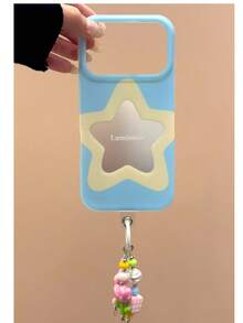 Korean Style INS Fresh Colorblock Pentagram Phone Case Compatible With Apple 17 Pro Max, 16 Pro New Model, 13, 14 Pro, 15 Pro, Full Coverage Double Layer Anti-Drop Phone Cover With Pendant - Blue - View 3