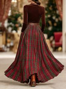Pocket, Autumn/Winter Retro Plaid High-End Luxury Long Skirt For Commuting - Multicolor - View 2
