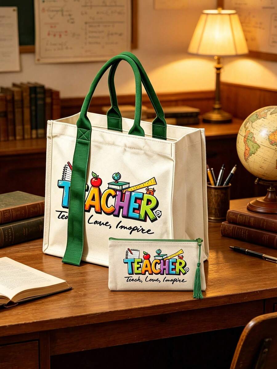 Vintage Green Ribbon Handbag With "Teacher" Letter Element And Tassel Mini Makeup Bag. Gift For Teachers, Teacher Letter Pattern, Matching Mini Storage Bag - Daily Commute, Shopping, Spring Outing, Travel Handbag Set, Foldable Handbag Summer Winter Essential Item For Shopping And Daily Use Suitable For Travelers And Teachers Daily Commute, Easter, Mother's Day, Teacher's Day, Spring Summer Gift Vacation And Perfect Choice For Gifting. - Green - View 1