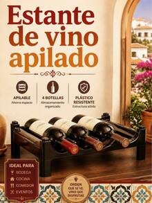Estante Botellero de Plástico PP para 4 Botellas de Vino, Organizador de Almacenamiento Apilable para Cocina y Despensa, Soporte Horizontal de Color Marrón Oscuro, 43x23x13cm - Negro - Ver 7