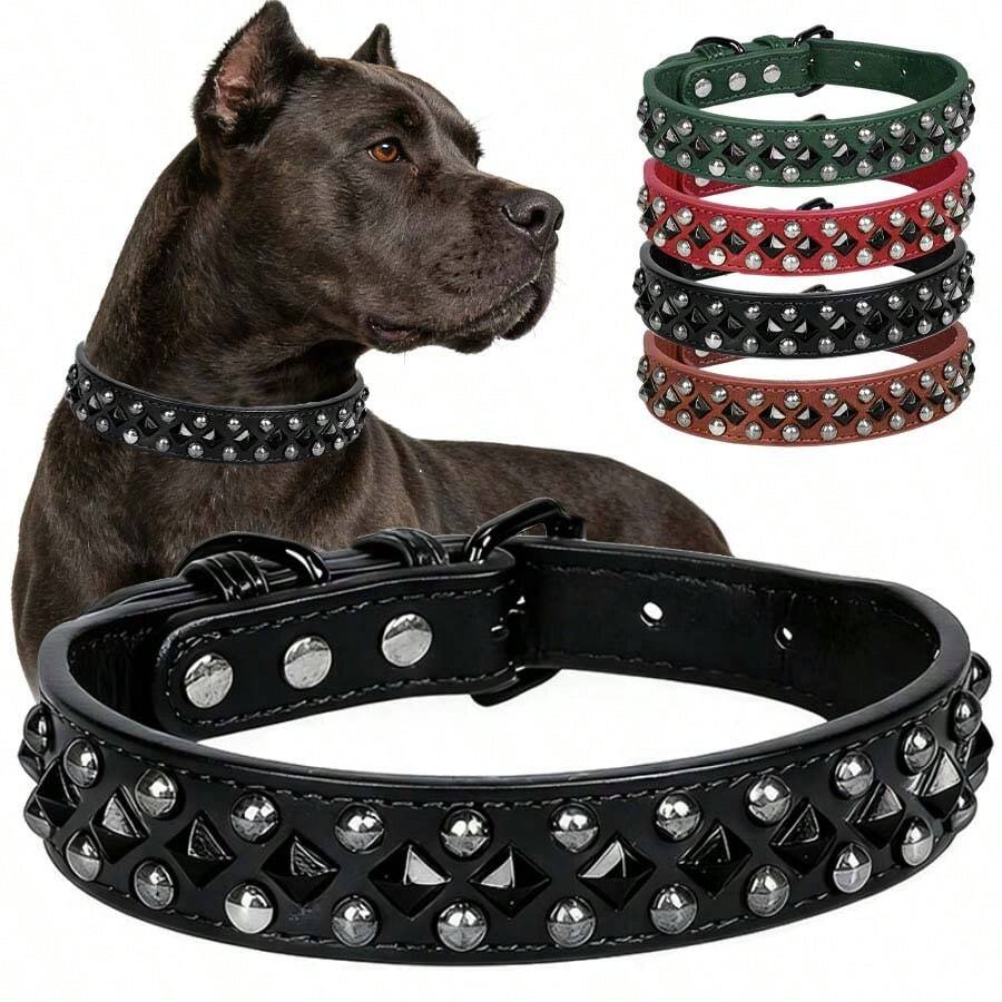 Collar para perro de cuero PU suave con remaches y pinchos de hongo, collar ajustable para mascotas pequeñas, adecuado para perros pequeños - Multicolor - Ver 1