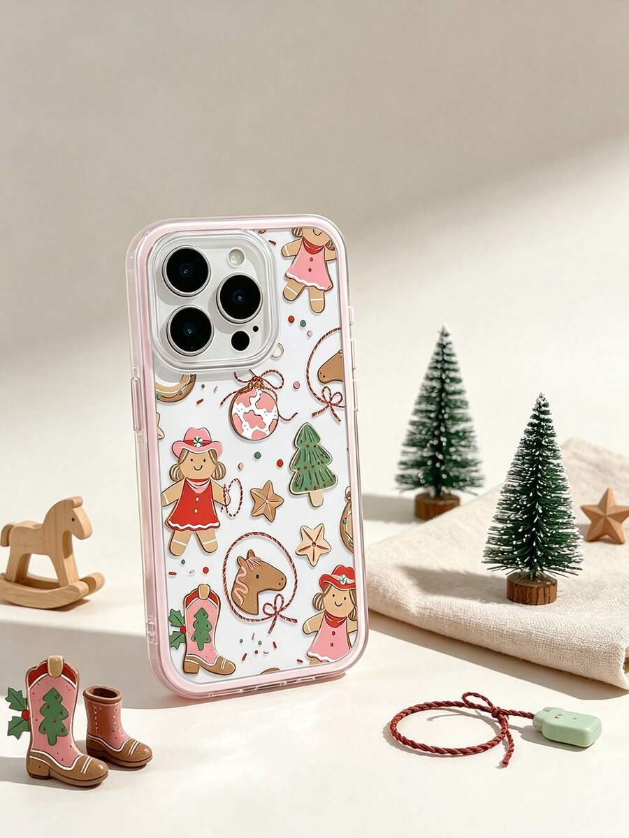 1pc Christmas Element Gingerbread Pony Illustration Pattern Pink 2-In-1 Transparent TPU Phone Case Compatible With IPhone 16/16 Pro/15/15 Pro Max/15 Pro/11/12/13/14 Pro Max/12 Pro/12 Pro Max/13 Pro/13 Pro Max/14 Pro/14 Pro Max Soft Shell Premium Creative - Multicolor - View 1