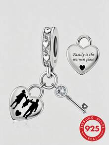 1pc 925 Sterling Silver Family Heart Lock & Key Pendant, Outline Carving Pendant Bead, Unisex Family Gift - Silver - View 1
