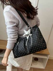 Nicekee Contrasting Polka Dot Pleated Tote Bag, Paired With Star Hanging Decorations, Large Capacity Casual Versatile Shoulder Bag, Suitable Commuting - Multicolor - View 4