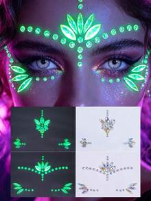 2 Peças Adesivos de Strass para Rosto Estilo Fada Sereia Y2K que Brilham no Escuro, Cristais Faciais Iridescentes Brilhantes na Noite Preta, Joias Faciais Autoadesivas e à Prova d'Água, Adequadas para Carnaval, Festival EDM, Halloween, Maquiagem de Festa em Boate - Multicolorido - Visão 2