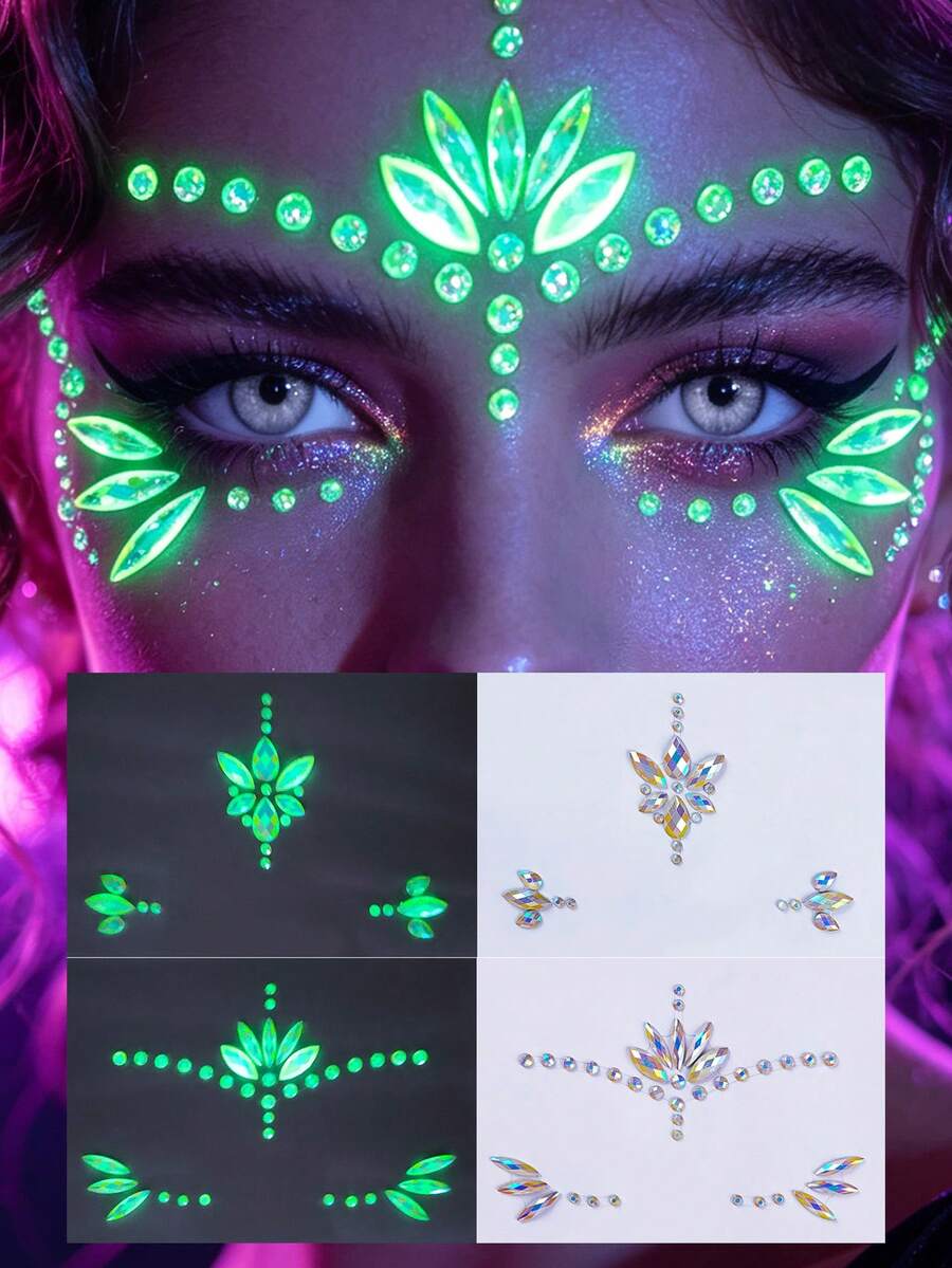 2 Peças Adesivos de Strass para Rosto Estilo Fada Sereia Y2K que Brilham no Escuro, Cristais Faciais Iridescentes Brilhantes na Noite Preta, Joias Faciais Autoadesivas e à Prova d'Água, Adequadas para Carnaval, Festival EDM, Halloween, Maquiagem de Festa em Boate