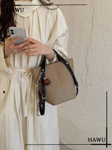 Two‑Tone Faux Leather Medium Tote Bag For Women, Contrast Handle Shoulder Handbag, Bucket Purse With Cute Hanging Charm Accessory - Khaki - View 9