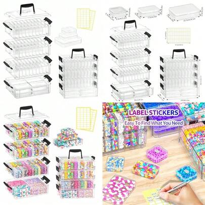 Stackable Bead Storage Organizer, 88 Small Plastic Containers With Lids, 4-Layer Clear Bead Organizer Box, 3 Sizes, Portable, For Jewelry And Crafts