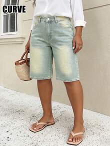 Mid-Waist Non-Stretch Vintage Retro Casual Women's Plus Size Denim Bermuda Shorts - Dark Wash - View 2