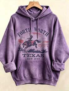 Women's Western Style Fort WorthTexasEST1849CowboyPatternHoodieSoftCrewNeckPulloverWith Cactus And Longhorn DesignComfortableCasualLongSleeve Sweater - 紫色4 - 查看 2