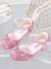 1 Pair Girls Princess Crystal Peep Toe Closed Back Sandals, New Summer Korean Style Sequin Rhinestone Pink Dress Shoes For Kids - Pink - View 6