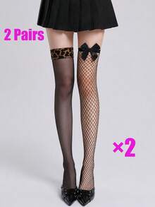 2 Pairs Mismatched Thigh High Socks, Asymmetric Over Knee Stockings, Leopard Cuff Hosiery, Bow Fishnet Socks, Punk Alt Fashion, Y2k Streetwear Socks - Black - View 8