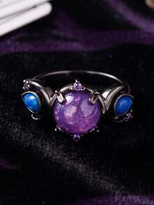 Exquisite Boho Moon Ring For Women Inlaid Purple Synthetic Opal Suitable For Daily Dating And Party Wear Unique Gift For Her. - Multicolor - View 1