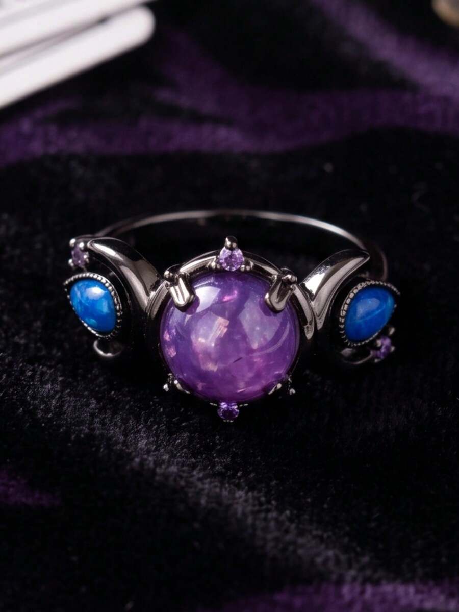 Exquisite Boho Moon Ring For Women Inlaid Purple Synthetic Opal Suitable For Daily Dating And Party Wear Unique Gift For Her. - Multicolor - View 1