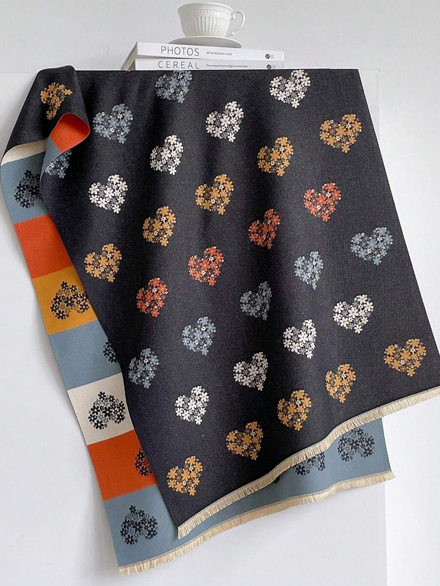1PC Women's Autumn/Winter Double-Sided Faux Cashmere Floral Jacquard Warm Scarf Shawl Suitable For Daily Wear - Black - View 1