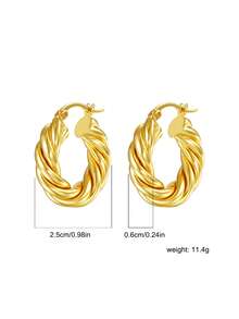 1pc European & American Luxury Style Thick Twisted Rope Hoop Earrings, Copper Plated Gold Hollow Lightweight Clip-On Earrings, High-End Versatile Commute Party Elegant Women's Jewelry - Gold - View 3
