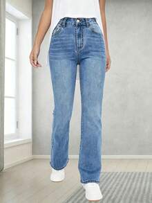 Teen Girl Classic Versatile Elastic Comfortable Flare Leg Jeans - Medium Wash - View 2