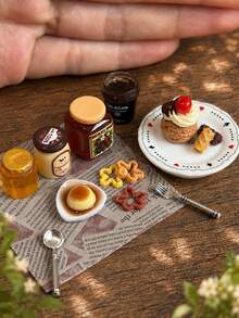 Set Teh Sore Model Kue Miniatur dari Resin, Dekorasi Peralatan Makan Model Rumah Boneka Berisi Puding, Selai, Madu, dan Permen, Tidak Dapat Dimakan - Satu-Ukuran - View 3