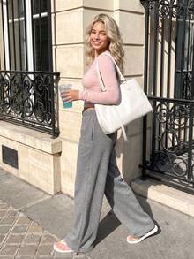 JustMiss Women's Knitted Sweatpants Straight Leg Casual Daily Elastic Waist Drawstring Cuffed Hem Minimalist Commute Long Pants Autumn/Winter - Dark Grey - View 2