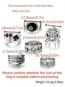RINTOLER 6pcs Vintage Distressed Gothic Style Spade Heart Poker Card Clown Ring Set, Punk Hip Hop Iron Alloy Closed Ring Set, Non-Adjustable - Multicolor - View 9