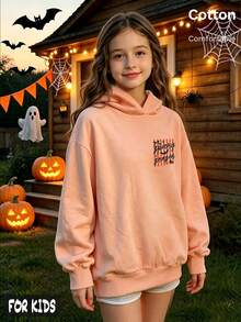 Halloween Girls Hoodie With Spooky Season Print, Black Bat & Skeleton Back Graphic, Long Sleeve Pullover - Hami Melon Orange - View 2