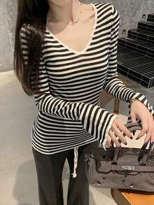 Korean Style Design Striped Button Long Sleeve Knit Top Inner Layer For Women (Random Stripes) - Black Stripes - View 1
