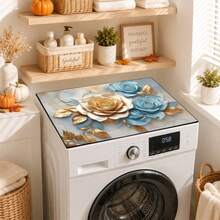Luckybutterfly 1PC Luxury Blue & Gold 3D Rose Print Washing Machine Top Cover Pad, Anti-Slip Anti-Dust Countertop Protector, Laundry Room Decorative Table Mat - Multicolor - View 7