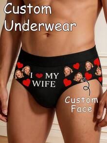 1pc Personalized Men's Underwear With Custom Face Photo And Text Print, Funny Novelty Gift, Valentine's Day Summer Beach Wear - Black - View 1